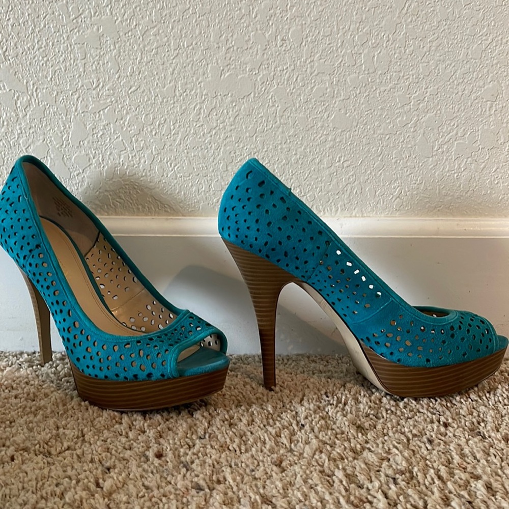 Turquoise Suede Open Toe Pumps! Enzo Angiolini! Size 9M! 5”Heel! New!